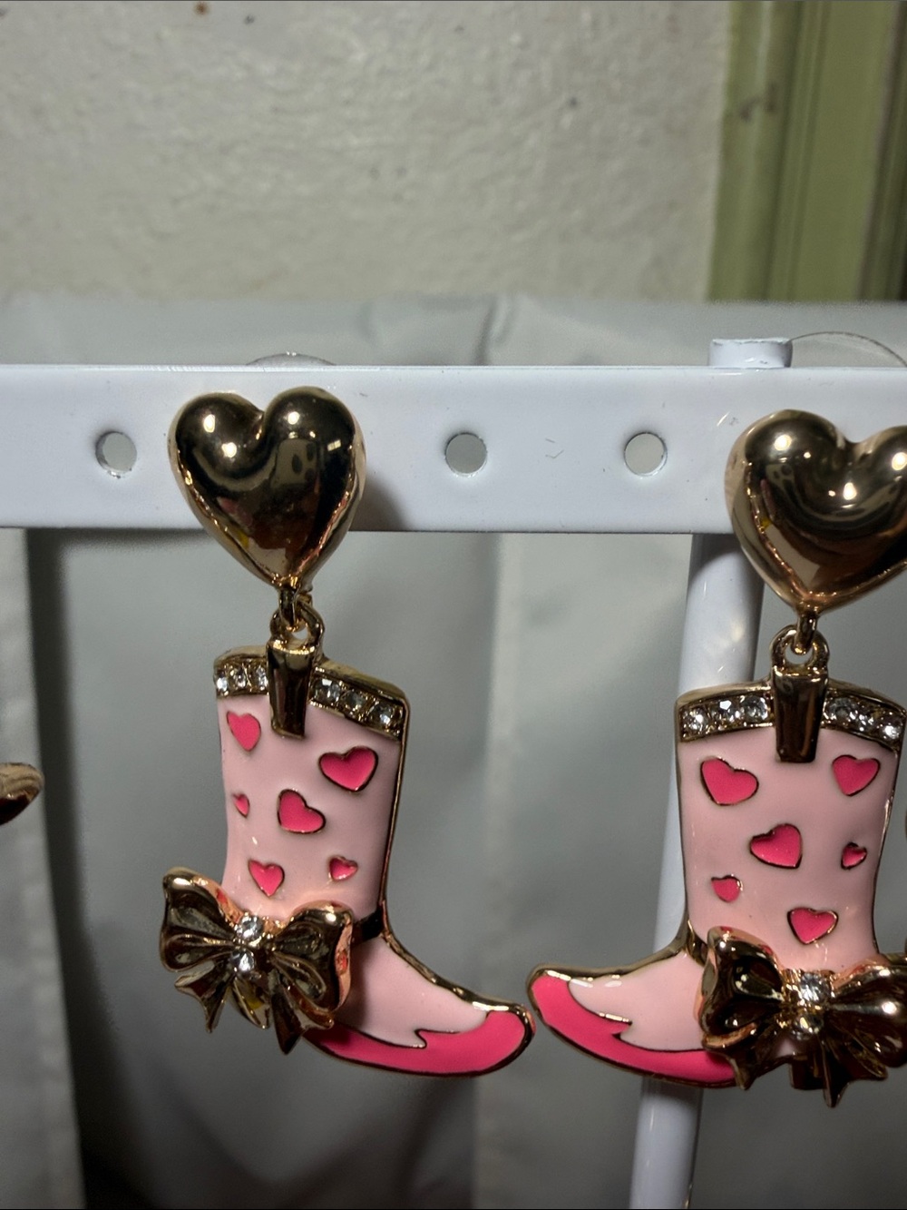 Pink Heart Cowboy Boot Earrings with Gold Accents